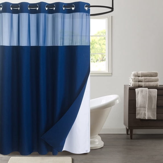 WPM No Hooks Required Navy Blue Shower Curtain with Snap-in Liner Waffle Weave Design, Hotel Style Waterproof & Washable, Mesh top Window Easy Snaphook Navy Blue Bathroom 72 inch wide x 74 inch long