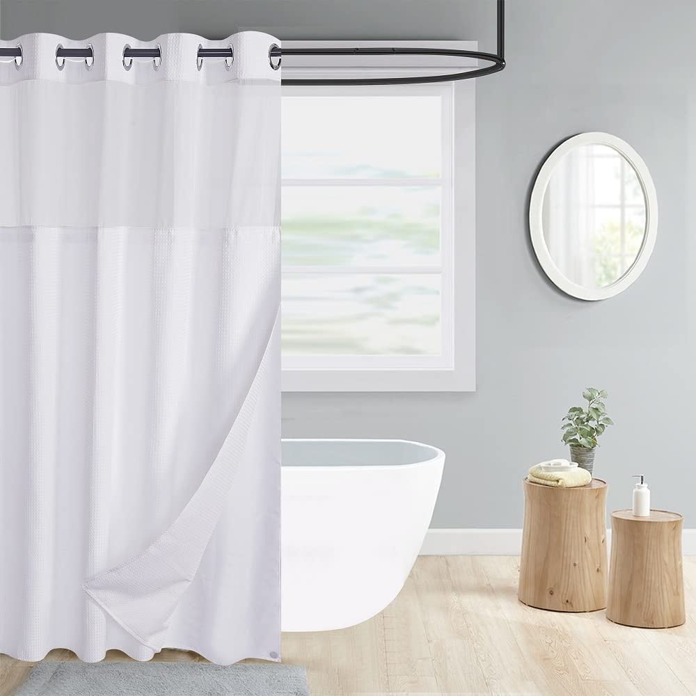 WPM No Hooks Required White Shower Curtain with Snapin Liner Waffle