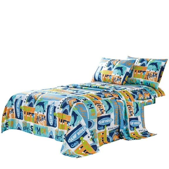 WPM Kids Collection Bedding 3 Piece Blue Ocean Life Twin Size Sheet Set with Flat Fitted Sheets Pillow sham Blue Whale Fun Sun Water surf Design Ocean Life Whale
