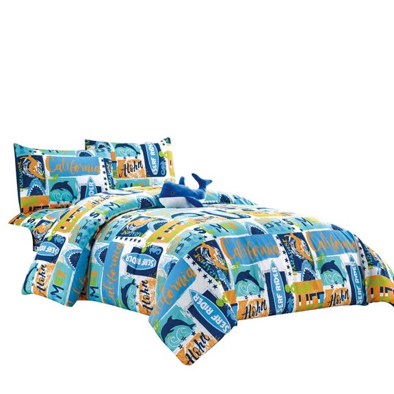 WPM Kids Collection Bedding 4 Piece Blue Ocean Life Twin Size Comforter Set with Sheet Pillow sham and Whale Toy Fun Sun Water surf Design Ocean Life Whale