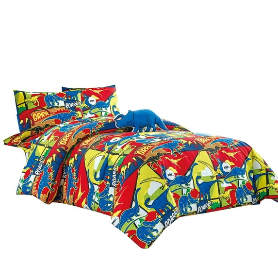 WPM Kids Collection Bedding 4 Piece Multi Color Twin Size Comforter Set Sheet Pillow sham Blue Dinosaur Toy Fun Wild Park Jungle Print Design Roar Dinosaur