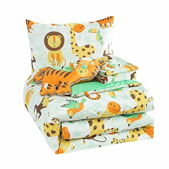 WPM Kids Collection Bedding 4 Piece White Green Safari Forest Jungle Print Twin Size Comforter Set with Sheet Pillow sham and Furry Toy Fun Tiger Monkey Theme Design (Safari Life,