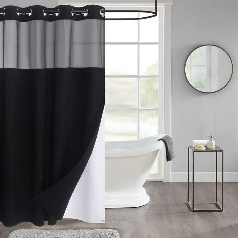 WPM No Hooks Required Black Shower Curtain with Snap-in Liner Waffle Weave  Design, Hotel Grade Style Waterproof & Washable, Mesh top Window Easy  Snaphook Black Bathroom 72 inch wide x 86 inch