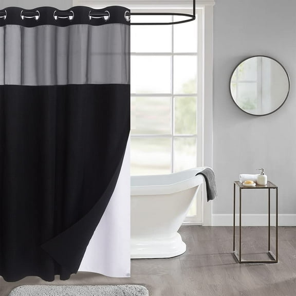 WPM No Hooks Required Black Shower Curtain with Snap-in Liner Waffle Weave Design, Hotel Grade Style Waterproof & Washable, Mesh top Window Easy Snaphook Black Bathroom 54 inch wide x 80 inch long