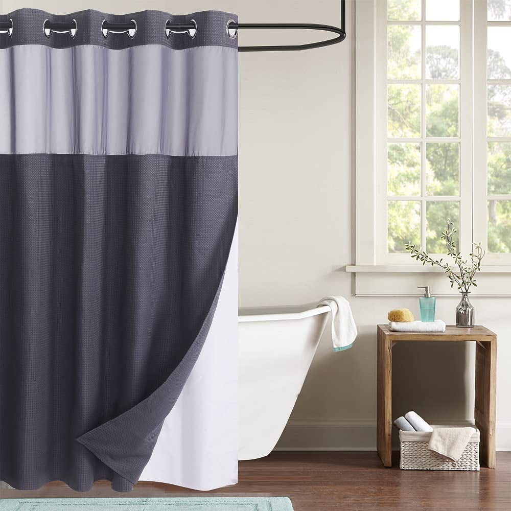 WPM No Hooks Required Grey Shower Curtain with Snapin Liner Waffle