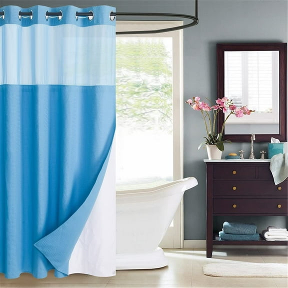 WPM No Hooks Required Turquoise Shower Curtain with Snap-in Liner Waffle Weave Design, Hotel Style Waterproof & Washable, Mesh top Window Easy Snaphook Turquoise Bathroom 54 inch wide x 80 inch long