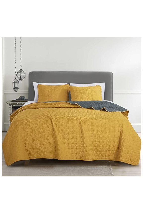 WPM Queen Size Quilt Set, Turmeric Mustard Grey Color Summer 3 Piece Reversible Bedspread Lightweight Soft Coverlet Modern Square Pattern Bedding for All Seasons (Turmeric 22589, Queen)