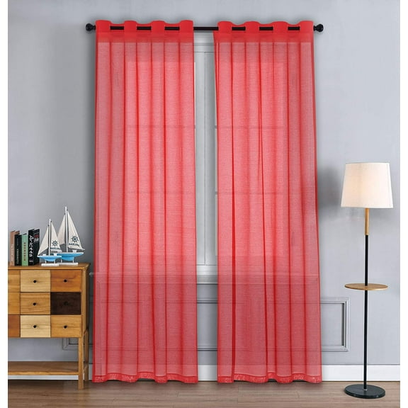 WPM Modern Red Solid Print Grommet Sheer Kitchen Curtain, 54” x 84” (2 Panels)
