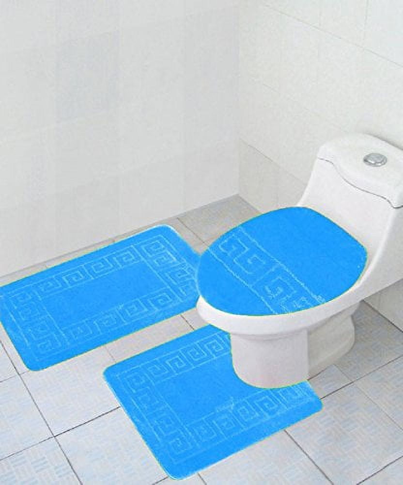 WPM Traditional Greek Key Soft & Plush Turquoise Polyester Bath Rug Set, 20" x 32", (3 Count)