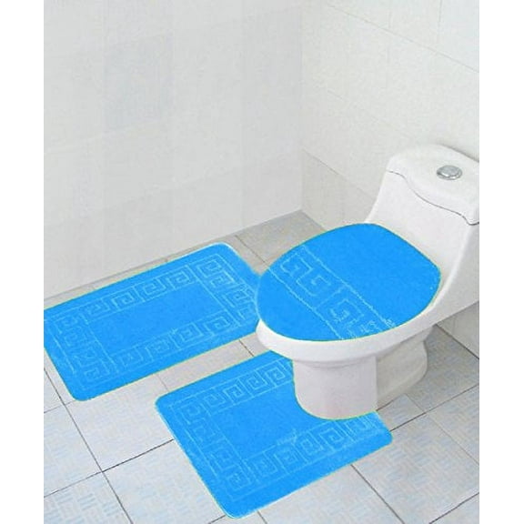 WPM Traditional Greek Key Soft & Plush Turquoise Polyester Bath Rug Set, 20" x 32", (3 Count)