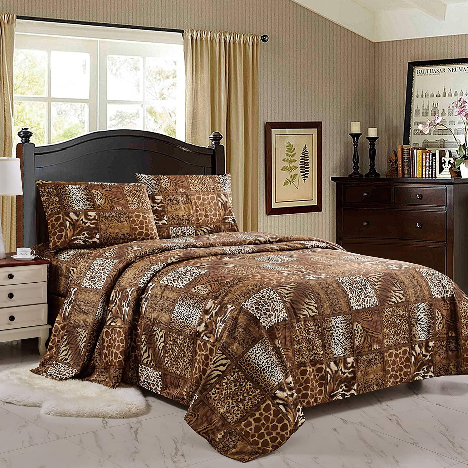 King Size Black and Brown Animal Print Polyester Bed Sheet Set