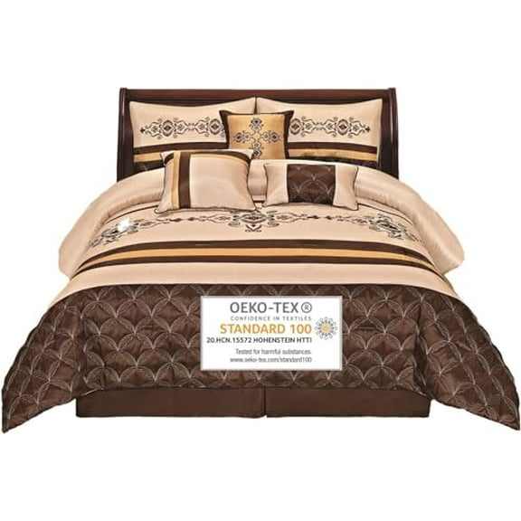 WPM WORLD PRODUCTS MART 7 Pieces Complete Bedding Ensemble Beige Brown Gold Luxury Embroidery Comforter Set Bed-in-a-Bag Bedding- Yasmen (Queen)