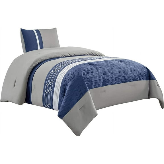 WPM WORLD PRODUCTS MART Embroidered Quilted Down Alternative Comforter Set Twin Size Bedding Includes Blue/Grey/White Comforter and Pillow Sham- LOLA (Twin)