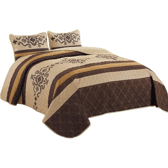 WPM Western Print Queen Size Light Weight Quilt Set with Pillow Sham Gold Brown Oversize (100 x 95”) Bedspread All-Season Bed Cover Quilted Native Theme 3 Piece Coverlet (Yasmen Gold Brown, Queen)