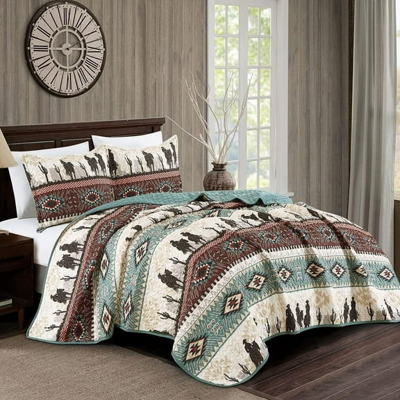 /WPM Western Teal/Beige/Burgundy Cowboy Desert Southwestern Print Size Bedspread 3 count west Theme Cabin Lodge Ranch Design Coverlet Quilt Set-Kadence 22366 ()