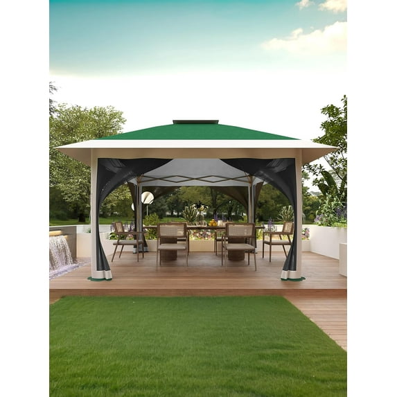 WPOND 13'x13' Pop-Up Patio Gazebo with Netting, Waterproof Canopy and UV Protection, Dark Green/Gray