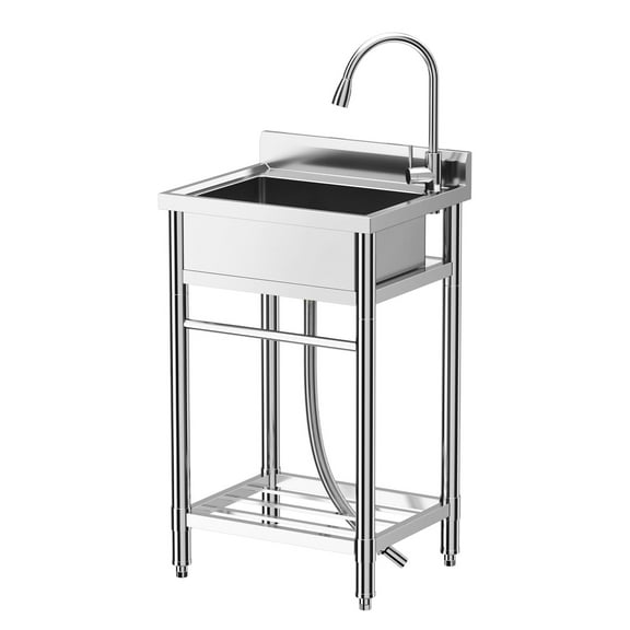 WPOND 24" Freestanding Utility Sink W/ Hot & Cold Faucet, Stainless Steel Sink W/ Adjustable Support Feet, Commercial Kitchen Single Bowl Sink for Garage, Restaurant, Kitchen, Laundry, NSF Certified