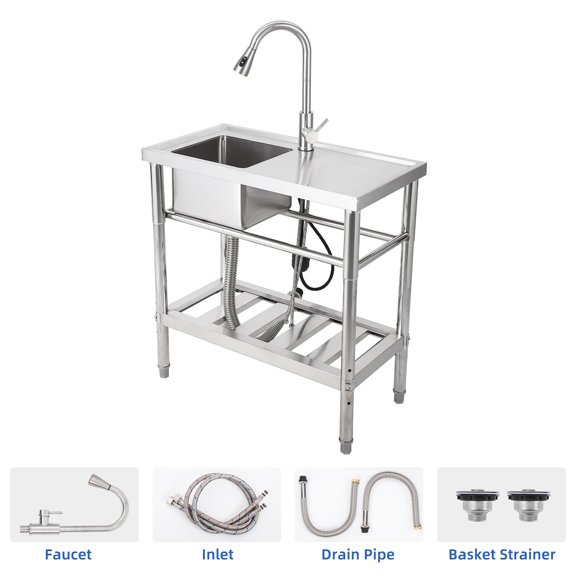 WPOND 30" Freestanding Utility Sink with Hot and Cold Faucet, Stainless Steel Sink with Workbench, Commercial Kitchen Single Bowl Sink for Garage, Restaurant, Kitchen, Laundry, NSF Certified