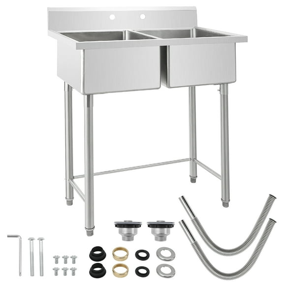 WPOND 41" Stainless Steel Sink Freestanding Utility Sink, Commercial Kitchen Double Bowl Sink for Garage, Restaurant, Kitchen, Laundry, Farmhouse, Bathroom, Workshop, NSF Certified