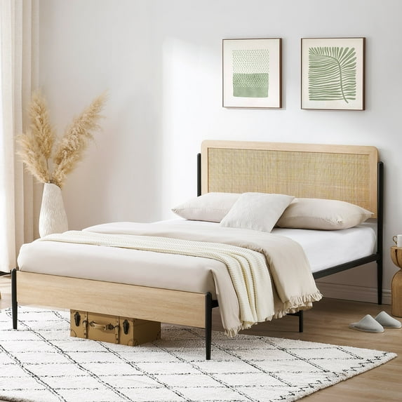 WPOND Queen Bohemian Rattan Metal Platform Bed, Oak