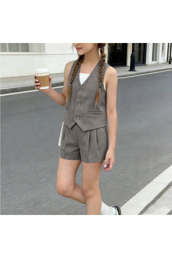 2 Piece Girls Teen Slim Fit Sleeveless Button Down Waistcoat and Matching High Waisted Shorts Set Solid Black Chic Professional Style Summer School Outfits Casual Playwear