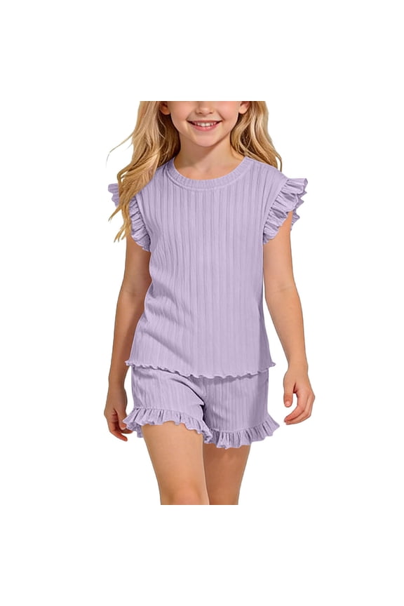 2 Piece Little Girls Ruffle Sleeve T-Shirt and Shorts Set Textured Ribbed Knit Crewneck Top with Elastic Waist Matching Bottoms Summer Lightweight Breathable Clothes