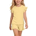 thumbnail image 1 of WPPGONE 2 Piece Little Girls Ruffle Sleeve T-Shirt and Shorts Set Textured Ribbed Knit Crewneck Top with Elastic Waist Matching Bottoms Summer Lightweight Breathable Clothes, 1 of 9