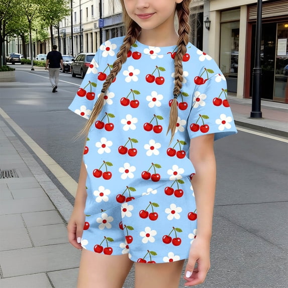 WPPGONE 2 Piece Little Girls Summer Short Set Cotton Crewneck T-Shirt and Shorts Breathable Cherry Floral Graphic Print Playwear Casual Outfits Daily Clothes Apparel