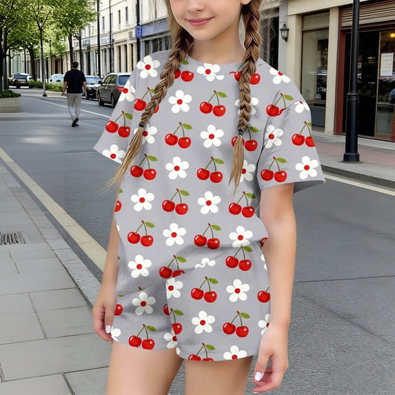 WPPGONE 2 Piece Little Girls Summer Short Set Cotton Crewneck T-Shirt and Shorts Breathable Cherry Floral Graphic Print Playwear Casual Outfits Daily Clothes Apparel