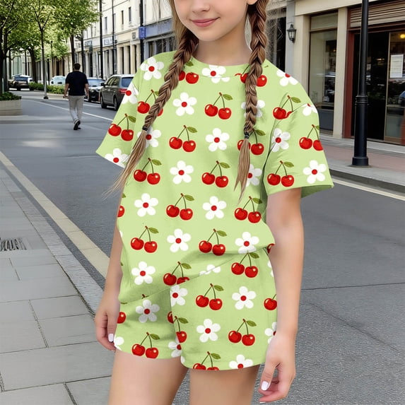 WPPGONE 2 Piece Little Girls Summer Short Set Cotton Crewneck T-Shirt and Shorts Breathable Cherry Floral Graphic Print Playwear Casual Outfits Daily Clothes Apparel