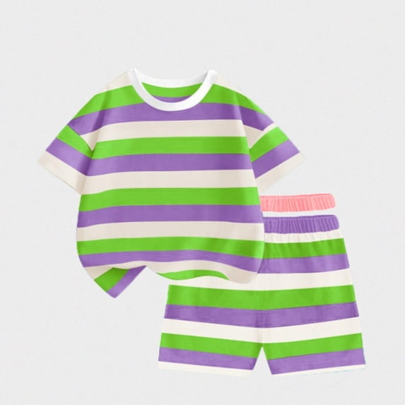 WPPGONE 2 Piece Little Kids Rainbow Striped T-Shirt and Shorts Set Vibrant Multi-Color Short Sleeve Tee with Matching Bottoms Soft Cotton Casual Everyday Playwear Clothes