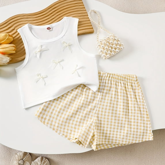 WPPGONE 2 Piece Toddler Girl Tank Top and Shorts Set Cute Bow Accents Cotton Knit Sleeveless Vest Gingham Plaid Short Set Summer Casual Playwear Outfits Clothes