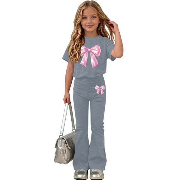 WPPGONE 2 Piece Tween Girls Bell Bottom Pant Set Short Sleeve T-Shirt and Flare Leggings with Large Satin Bow Graphic Stylish Casual Outfits for Back to School Apparel