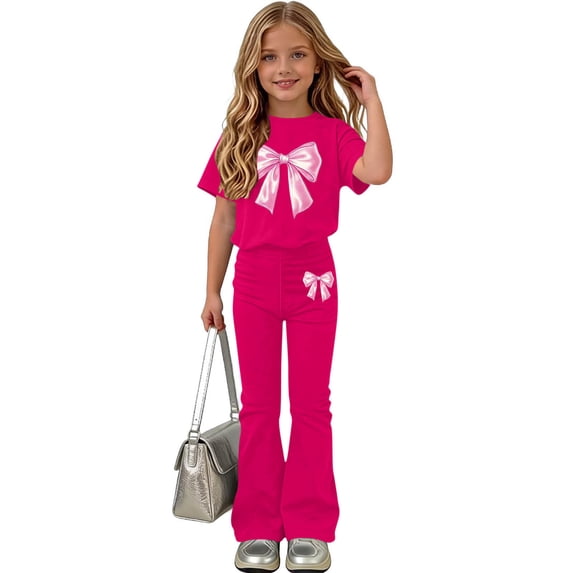 WPPGONE 2 Piece Tween Girls Bell Bottom Pant Set Short Sleeve T-Shirt and Flare Leggings with Large Satin Bow Graphic Stylish Casual Outfits for Back to School Apparel
