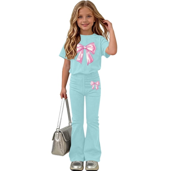 WPPGONE 2 Piece Tween Girls Bell Bottom Pant Set Short Sleeve T-Shirt and Flare Leggings with Large Satin Bow Graphic Stylish Casual Outfits for Back to School Apparel