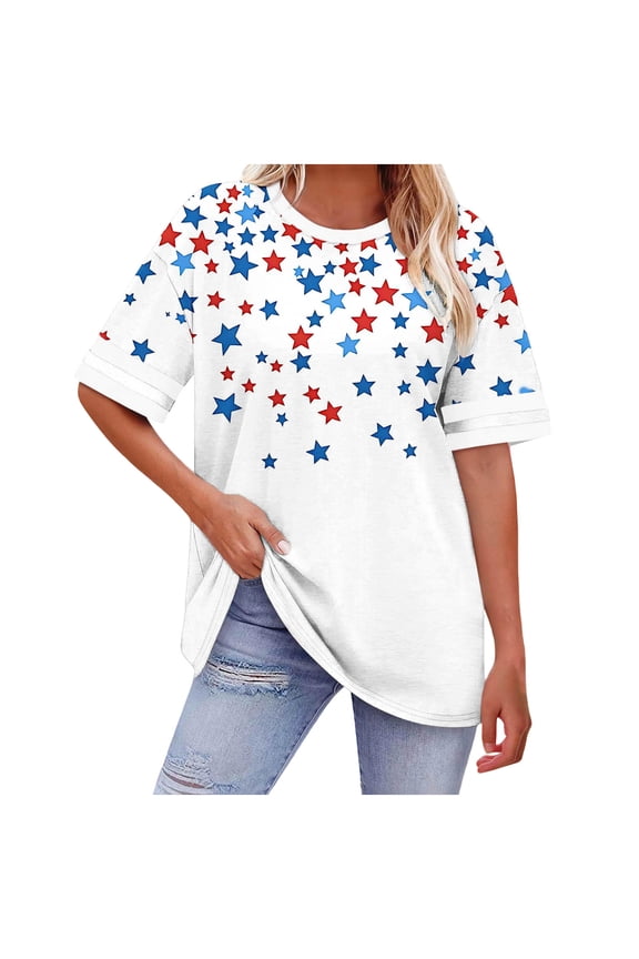 4th of July Tunic for Women Plus Size Oversized Crewneck Short Sleeve Summer Casual Loose Fit Patriotic Shirts USA Graphic Tee American Flag Stars Stripes Red White and Blue Clothes