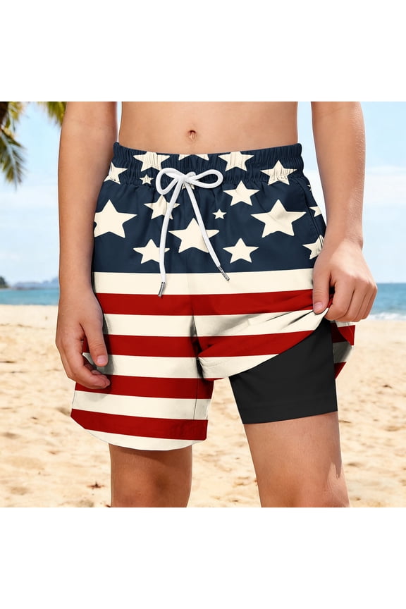 American Flag Swim Trunks For Boys Summer Casual USA Teen 2 in 1 Board Shorts Stars Stripes 4th Of July Patriotic Outfits Red White And Blue Lined Beach Clothes Quick Dry Swimming Apparel
