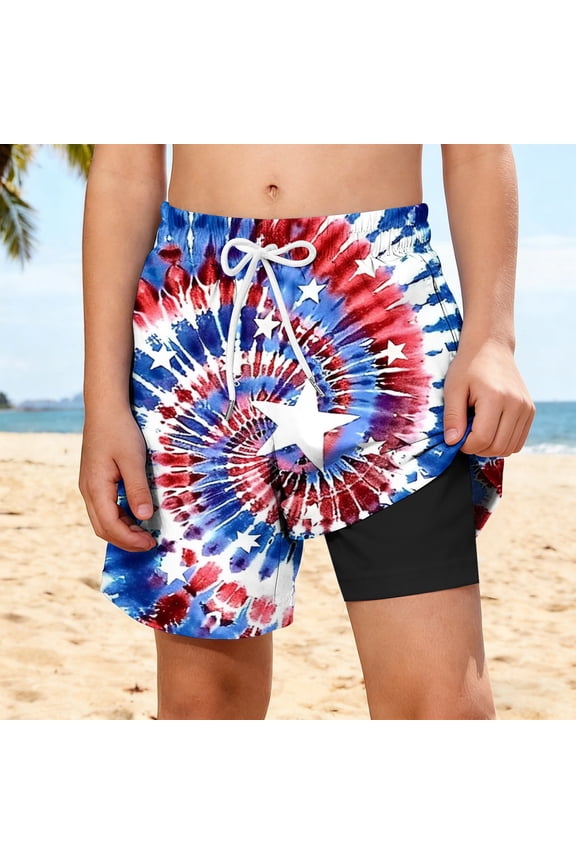 American Flag Trunks For Boys Casual Style 4th Of July 2 in 1 Teen Swim Trunks Stars Patriotic USA Surfing Outfits Red White And Blue Lined Board Shorts Clothes Summer Beach Swimming Apparel