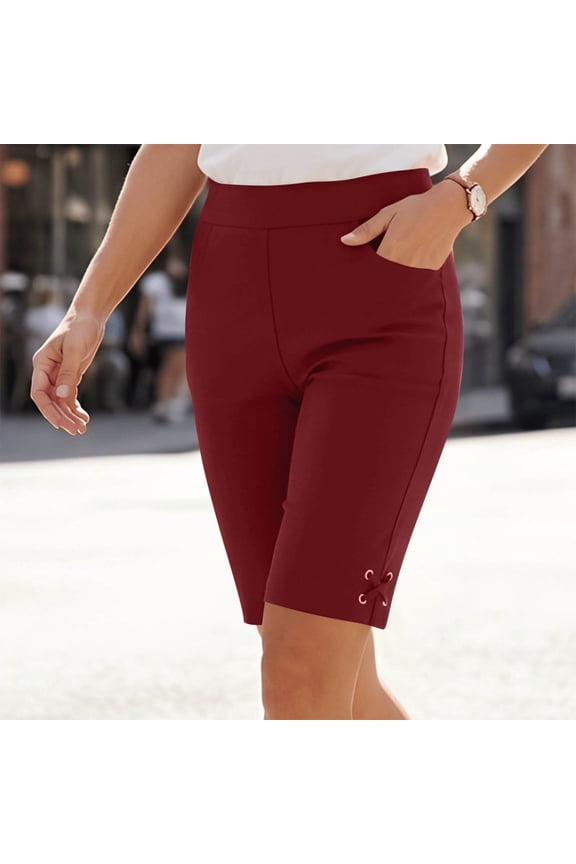 Bermuda Shorts Women High Waisted Straight Leg Elastic Drawstring Hem Bottoms Slim Fit Sports Gym Athletic Yoga Shorts with Pockets