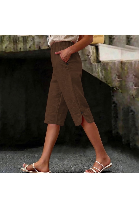 Bermudas for Women Plus Size Knee Length High Elastic Waisted Side Split Hem Buttons Bottoms Summer Lounge Relaxed Fit Trousers with Pockets, S-3XL