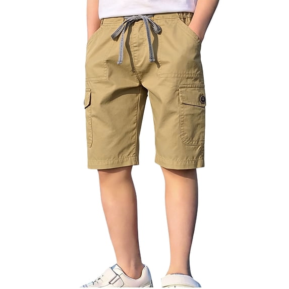 WPPGONE Big Boys Cargo Shorts Casual Pull-on Summer Bottoms with Elastic Drawstring Waist and Flap Pockets Tween Kids Breathable Cotton Shorts for Everyday School Wear