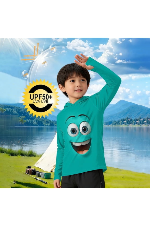 Boys Cute Sun Hoodie Long Sleeve Thumbhole Rash Guard UV Protection Shirt Two Tone Funny Cartoon Face Graphic Quick Dry Breathable Active Performance Top Beach Holiday Apparel Clothes
