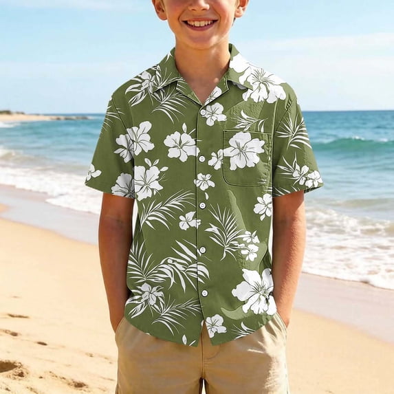 WPPGONE Boys Hawaiian Button Down Shirt Short Sleeve Aloha Summer Tops Tropical Floral Leaf Print Classic Holiday Cruise Beach Wear Fashion Tees Clothes Apparel