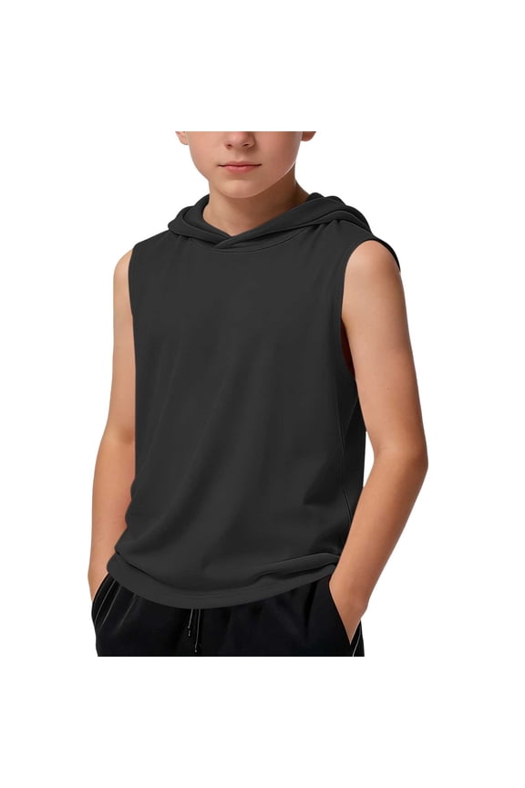 Boys Teen Muscle Shirt Sleeveless Hooded Workout Active Tops Solid Color Breathable Lightweight Fit Casual Summer Gym Training Athletic Apparel Clothes