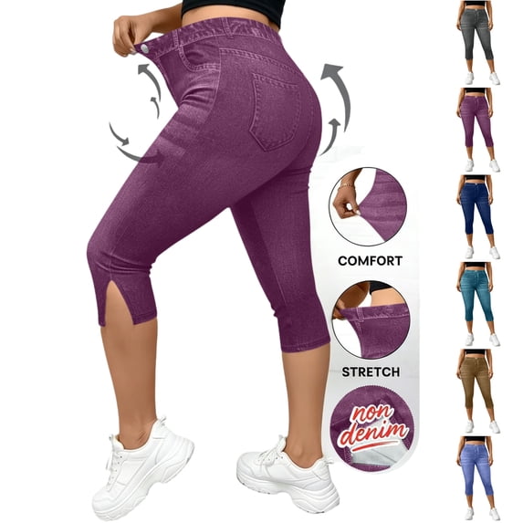 WPPGONE Capri Jeans for Women Stretch Slim Fit Pull on Side Slit Elastic Waisted Bottoms Fashion Trendy Daily Denim Pants with Pockets