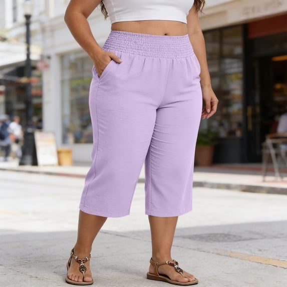 WPPGONE Capri Pants for Women Plus Size with Pockets Smocked Elastic Waisted Pleated Wide Leg Straight Cropped Bottoms Loose Fit Summer Casual Trousers with Pockets
