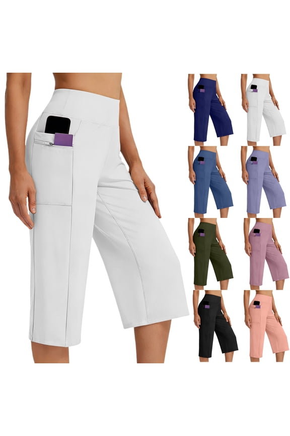 Capri Pants for Women with pockets Strectch Tummy Control High Elastic Waisted Comfortable Cropped Bottoms Yoga Outdoor Sports Gym Trousers