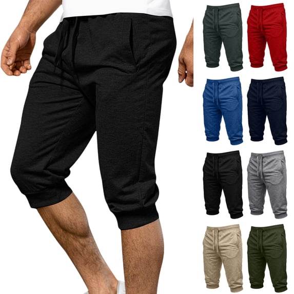 WPPGONE Capri Sweatpants for Men with Pockets Cotton Plus Size Elastic Waisted Drawstring Slim Fit Joggers Cropped Bottoms Athletic Sports Gym Running Pants, S-3XL