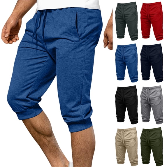WPPGONE Capri Sweatpants for Men with Pockets Cotton Plus Size Elastic Waisted Drawstring Slim Fit Joggers Cropped Bottoms Athletic Sports Gym Running Pants, S-3XL