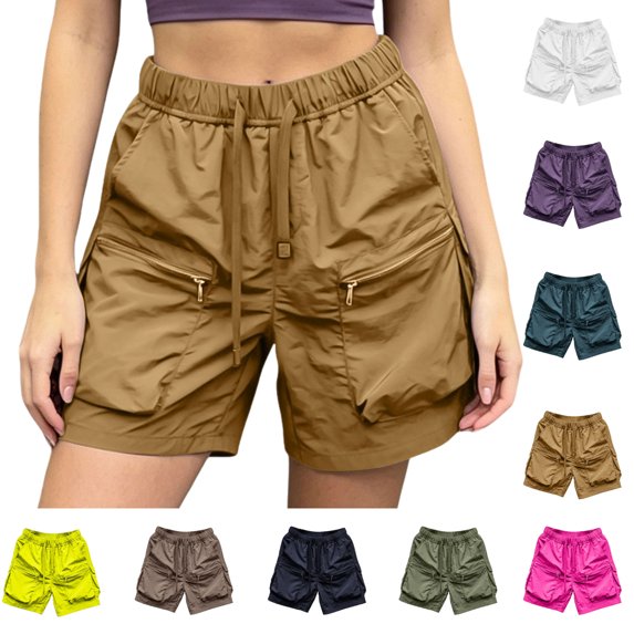 WPPGONE Cargo Shorts Women Baggy Lightweight Running Quick Dry Elastic Waisted Drawstring Straight Leg Wide Bottoms Zipper Outdoor Sports Active Shorts with Multi Pockets